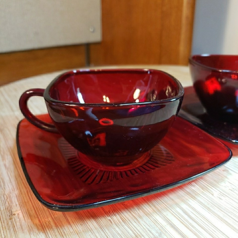 Vintage Anchor Hocking 2 Sets Charm Ruby Red Square Cups &Saucers MCM Coffee Tea